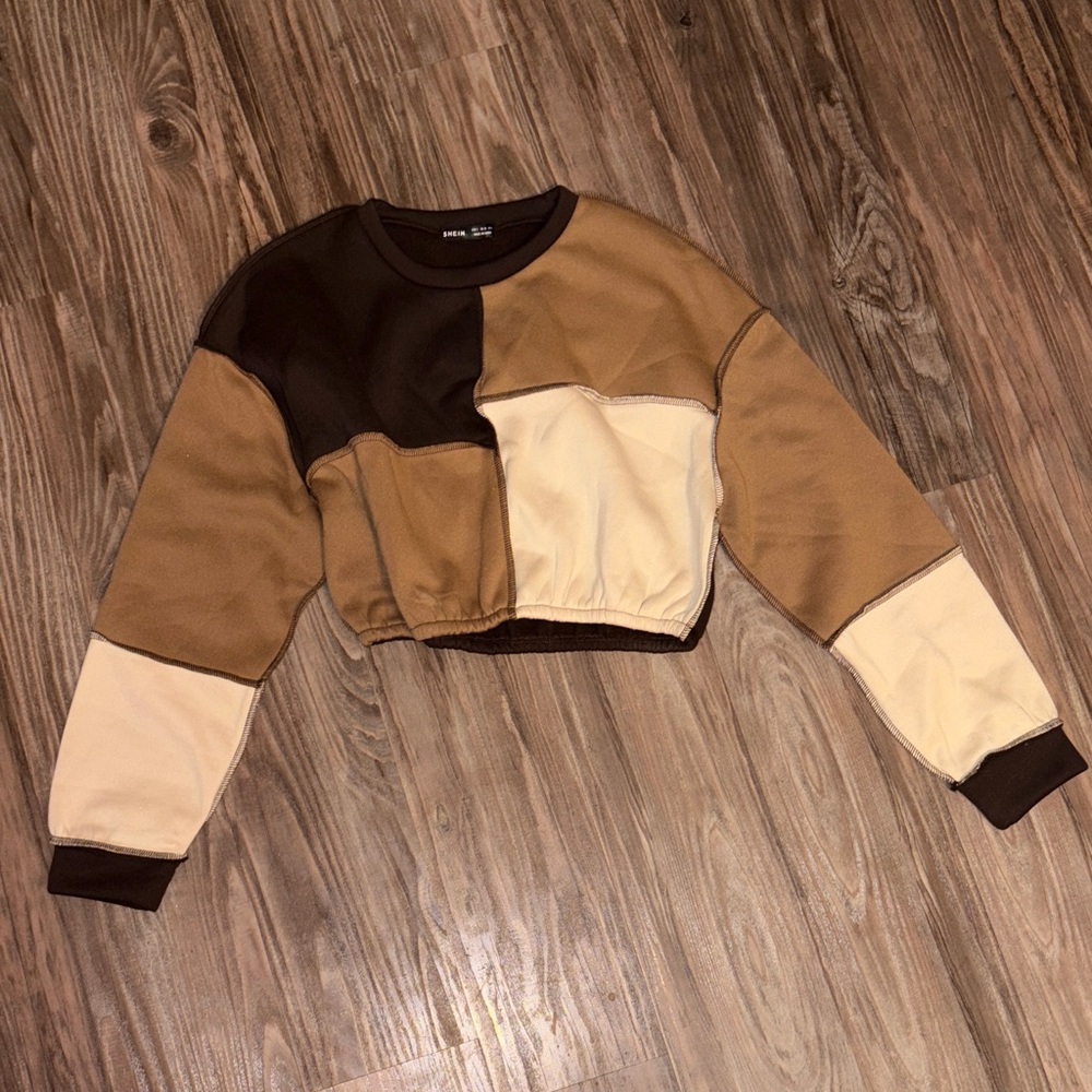 SHEIN Patchwork Cropped Sweatshirt - Brown & Cream